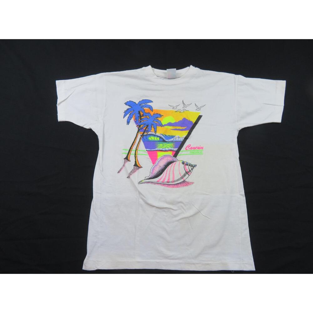 Cancun Mexico T-shirt, Palm Tree Sea Shell Beach, White Sz M 1990s